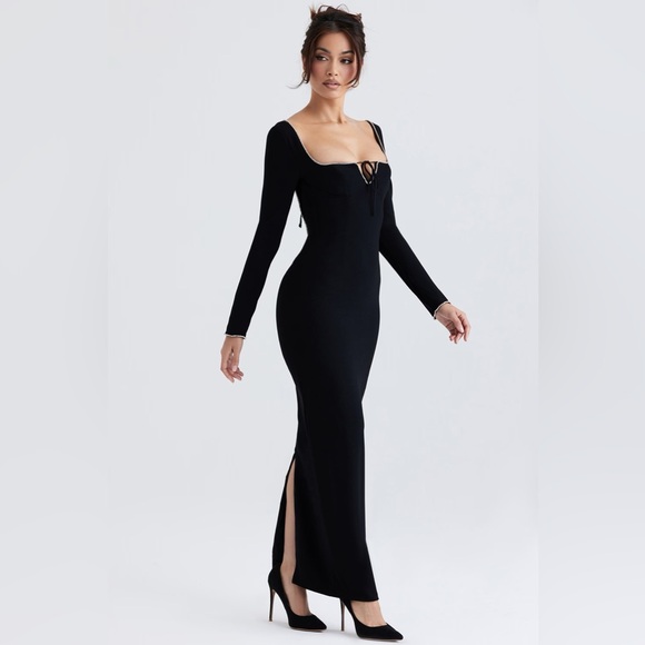 NWT House of CB Rosa Black Crystal Rhinestone Embellished Maxi Dress Gown L - Picture 3 of 14